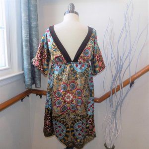NWT FLAMINGO BoHo Dress Brown V Neckline Size Small Floral Abstract